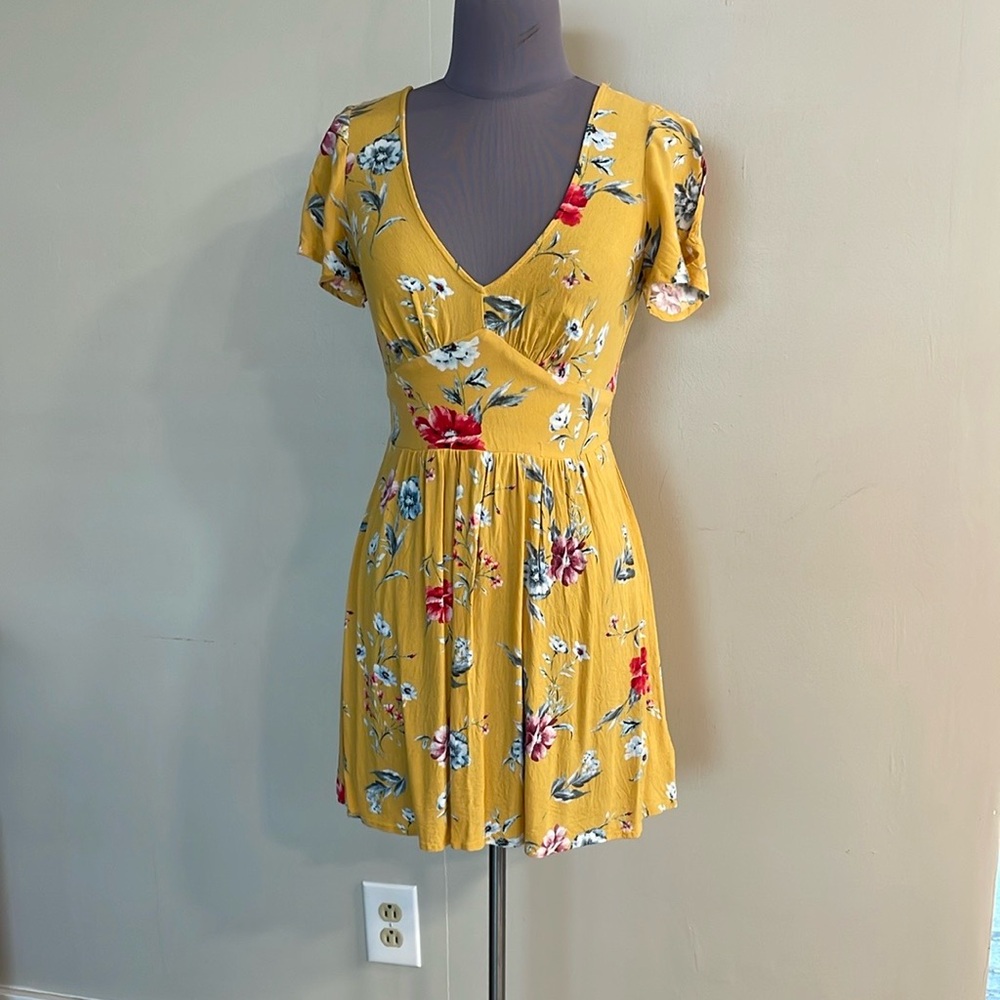 Xhiliration Floral Yellow Mini Dress, XS